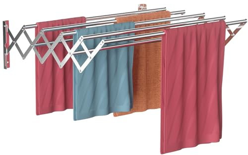 Gemsaya Tendedero montado en la pared, 42-80 cm, secador de pared extensible, secadora de ropa de pared con 7 barras, toallero de acero inoxidable plateado, plegable, ahorra espacio, carga máxima de