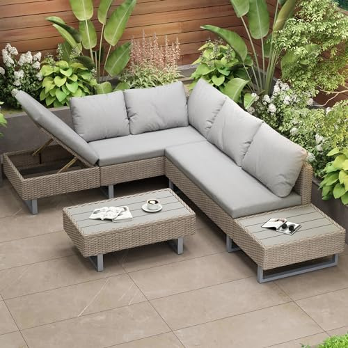 Rtopsu Set di Divani da Giardino in Polyrattan per 5 Persone, Mobili da Giardino Lounge Balcone Mobili da Patio con Divano Angolare Tavolo in Cuscini per Patio Giardino Balcone, Kaki