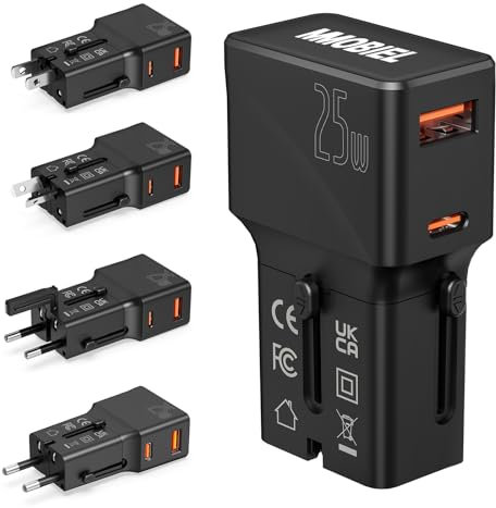 Adaptateur de Voyage Universel 25W – MMOBIEL – Prise Internationale avec Connecteur Mâle – 1x USB-C (25W) + 1x USB-A (18W) – pour EU/UK/USA/AUS – Format Poche & Sécurité Intégrée