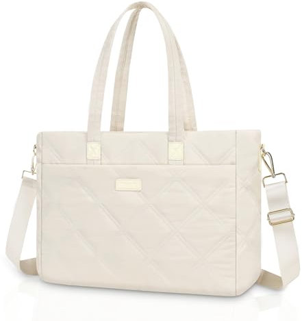 MOSISO Laptop Bag for Women, 15-15.6 inch Rhombus Quilted Laptop Tote Bag for Women with Horizontal Pocket & Trolley Belt,16 inch Large Capacity Work Handbag Purse for Travel Work Office, Beige