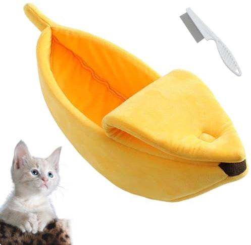 Banana Bett für Katzen, Niedliches Gelbes Plüsch-Schlafnest, Abnehmbare und Waschbare Katzenhöhle (Gelb, M-21.65×7.87×5.91in)