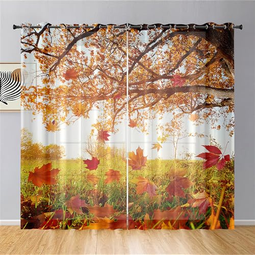 Hiseng 3D Ahornblätter Halbtransparent Voile Vorhänge mit Ösen Durchsichtig Moderne 2er Set Ösenvorhang für Fenster Wohnzimmer Schlafzimmer Transparent Gardine (140x160cm,Wiese)