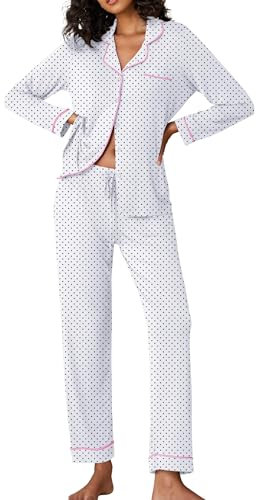 Ekouaer Pigiama Donna Lungo Set Pigiama 2 Pezzi Casa Pigiama con Bottoni Abbigliamento da Notte Bianco XXL