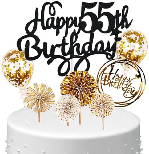 Anlgdi Tortendeko Happy Birthday Deko Kuchen Topper 55. Geburtstag Frau, Cake Topper Happy 55th Birthday Schwarz Gold, Kuchendeko 55 Jahre Torte Kuchen Deko für Geburstagstorte Deko 55. Männer Frauen