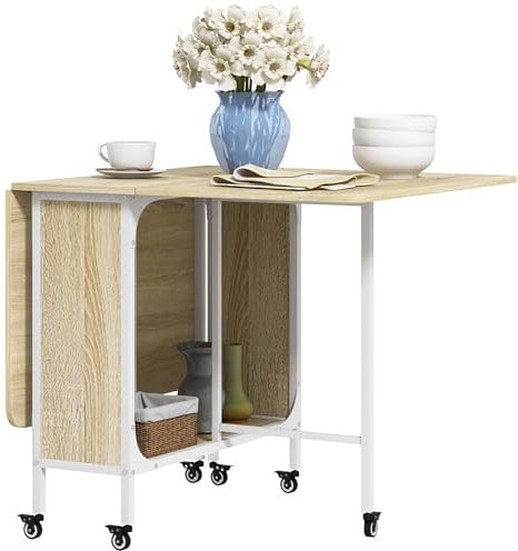 HOMCOM Mobile Drop Leaf Table, Folding Dining Table with 6 Wheels & Storage Shelf for Small Spaces, Kitchen, Dining Room, Natural Wood Finish
