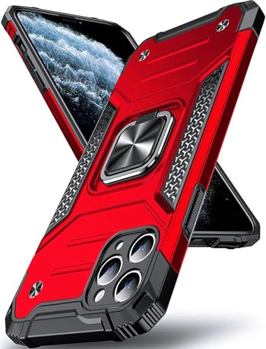 Pritify Armour Case for Iphone 12 Pro Max with Kickstand & Raised Camera Military Grade Protective Phone Back Case Cover Enhanced Metal Ring supports Magnetic Car Mount Holder | Red