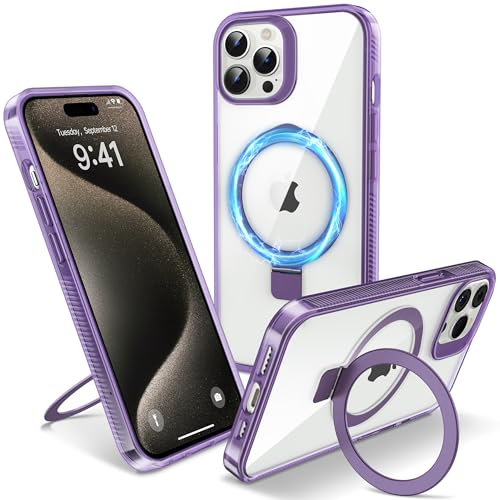 Flyzoo Cover Magnetica per iPhone 15 Pro con Supporto Stand ad Anello, [Protezione Antilngiallimento & Antiurto] Custodia Trasparente Posteriore Hard PC Case con Silicone Bordo, 6.1'', Clear Viola