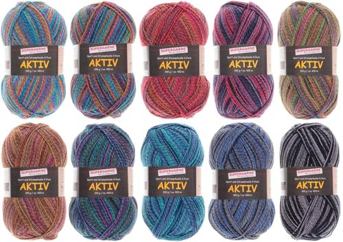SUPERGARNE Sockenwolle Aktiv 4-fädig – 1000 g (10x100g), Strapazierfähig, Maschinenwaschbar, Made in Italy, Ideal für Socken und Strickprojekt (Diamond)