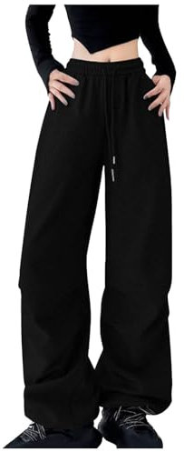 Flodxo Cargohose für Damen, Kampf-Jogginghose, lässig, locker, weites Bein, Trainingshose, Kordelzug, elastische Taille, Palazzo-Hose mit Tasche, Lounge, Fitnessstudio, Streetwear, Jogger, Schwarz , M