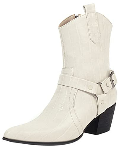 Gicoiz Donna Esteriore a Collo Alto Harness Stivali da Cowboy Appuntito Equestrian Inverno Moda Tacco a Blocco Stivali Warm Western Polacchine Beige/Rl Numero 42 EU-44Cn