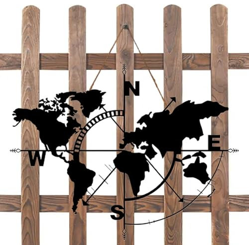 Wanddekoration Weltkarte Metall - Weltkarte Wand, Kompass Wanddeko Weltkarte Metall | Schwarzer Metalldekorativer Nautischer, Kompass Wanddekoration Ozeanthema Wandbehang Kunst Für Innen Außenbereich