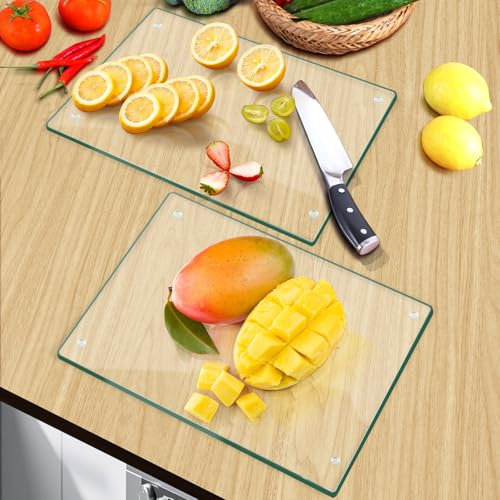 Tempered Glass Cutting Board for Kitchen,2 Pack of 40 * 30cm Safe Hygienic Glass Worktop Savers,Clear Chopping Board Glass Tray for Kitchen Countertop, Shatter-Resistant, Heat-Resistant,Easy-Clean