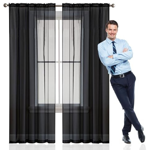 GAIFNAG Rideaux de Porte Chenille 60 x 220 cm 100% Polyester/Transparent Intérieurs Rideaux Voilage à Oeillets pour Porte Fenetre Dressing Salon, Noir