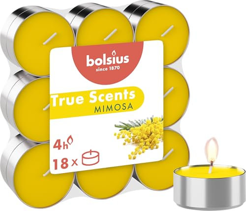 Bolsius - True Scents - Lot de 18 Bougies Chauffe-Plat Parfum - Mimosa - Durée de Combustion: 4 Heures - Décoration d'intérieur - Extraits naturels - avec Cire Naturelle végétalienne