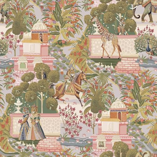 Animal Palace Multi Wallpaper - Lion Elephant Giraffe Horse Birds Botanical - Trendy Stylish Feature Wall