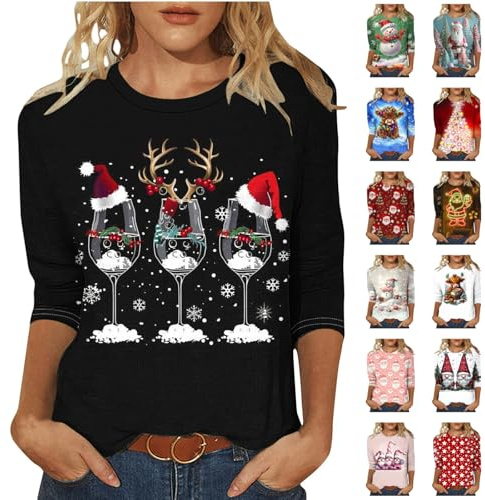 Christmas T Shirts for Women UK Crewneck Xmas Tops 3/4 Sleeve Tshirt Graphic Tees Dressy Shirts Santa Elk Snowflake Print Blouse 2024 Fashion Clothes