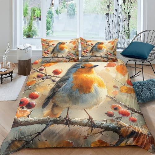 GNMRTFEAE Rotkehlchen Bettwäschegarnitur Bettbezug Set Mädchen Junge Kinder Weich Microfaser Und Kissenbezüge Bettwäsche Reissverschluss 3 Teilig King(220x240cm)