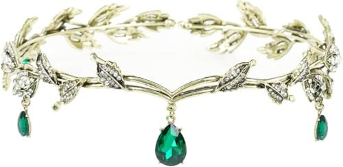 MisFun Elfenkrone, Prinzessin Crystal Crown, Kristallperlen Stirn Kopfschmuck, Vintage Grün Strass Diadem, Tiara für Hochzeit Braut Motto Party Karneval Cosplay Festival Kostüm Zubehör