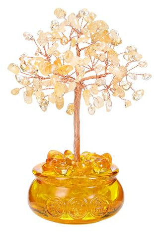 Jovivi Cadeau Fête des Mères 13-14cm DIY Arbre de Vie Pierre Naturelle sur Bol de Trésor en Verre Fengshui Tree Porte Bonheur Bibelot Décoration de Bureau Maison et Domicile (Citrine)
