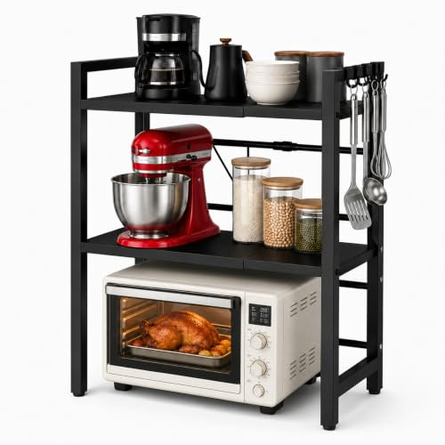 OJTOJT Mensola Microonde Estensibile, Ripiani per Microonde con 6 Ganci Scaffale Cucina Salvaspazio 40-63CM Regolabile Due Livelli Microonde Scaffale per Mettere Piatti (nero, Doppio strato)