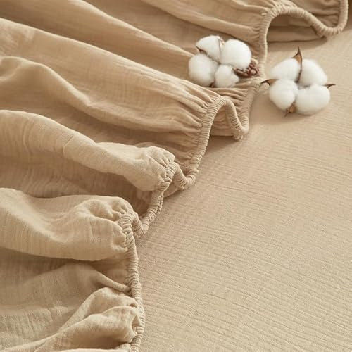 Gezu Muslin Spannbettlaken 100x200cm Khaki 100% Baumwolle | Muslin Bettlaken 180x200cm Baumwolle Weich Atmungsaktiv Kuschelige Spannbetttuch Boxspringbett Geeignet für 30cm Matratze