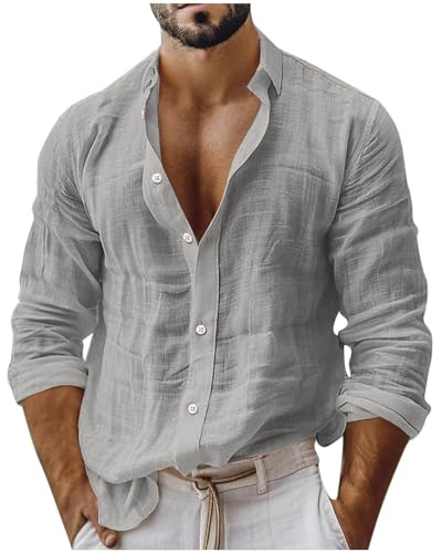 Cotton Linen Shirts Men UK Sale, Plain Tshirts for Man Spring Summer Long Sleeve Tops Breathable Oversized Loose Fit Tee Shirt Solid Color Lapel Collar Work Top Mens 2025 Trendy Plus Size S-XXL