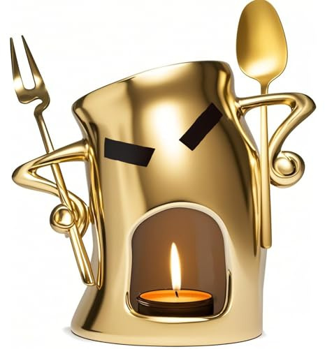 Mini Ceramic Fondue Set: Chocolate Fondue Melting Cup, Cheese Fondue Pot, Candy Mini Fondue Cups with 1 Fork & 1 Scoop - Food-Safe Gift for Parties, Gifts, Cozy Nights (Gold)