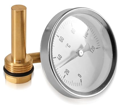 Tulov Bimetall Thermometer Ø63 mm 0–120°C mit G1/2 Anschluss | Mit Ø10 mm Tauchhülse zur Temperaturmessung an Heizkörpern, Heizsystemen, Boilern und Warmwasserleitungen
