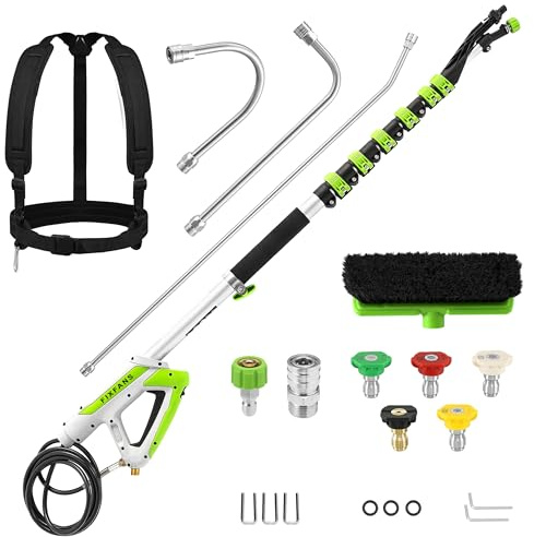 FIXFANS 21 FT Telescoping Pressure Washer Wand with Brush, 4000 PSI Telescopic Power Washer Extension Wand, 3 Gutter Cleaner Curved Rods, 5 Nozzle Tips, 2 Hose Adapters and Support Belt