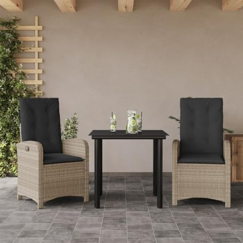 Ziaphsol 3-TLG. Garten-Essgruppe Hellgrau Poly Rattan mit Kissen, Verstellbare Stühle, Glastisch, UV-beständig, für Balkon, Terrasse, Outdoor-Mahlzeiten