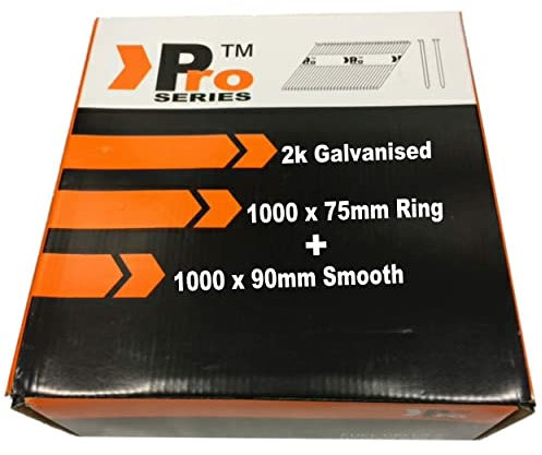 Mixed Pack 90mm Galvanised Smooth + 75mm Gavanised Ring Framing Nails,Clipped D-Head, 2k Nails, for DEWALT 18v Cordless DCN692