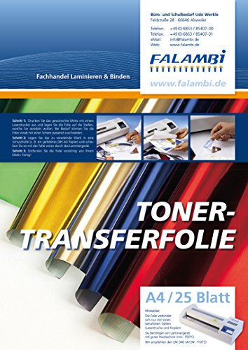 FALAMBI metallic Toner-Thermo-Transferfolie DIN A4 für Laminiergerät, Gold, Silber, Kupfer, rot, blau grün (Silber - 25 x A4)