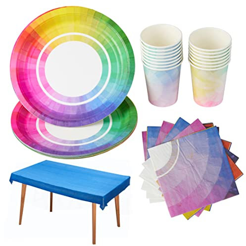 MATANA 61-tlgs Regenbogen Kindergeburtstag Einweggeschirr, Buntes Partygeschirr für Mädchen & Jungen - 15 Partyteller, 15 Becher, 30 Servietten & 1 Große Tischdecke