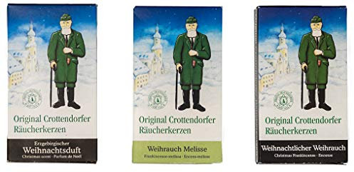Crottendorfer Räucherkerzen Original Weihrauchmix - 3er Set - Düfte: Weihnachtlicher Weihrauch + Weihrauch Melisse + Erzgebirgische Weihnacht - 72 Stück - Made in Germany