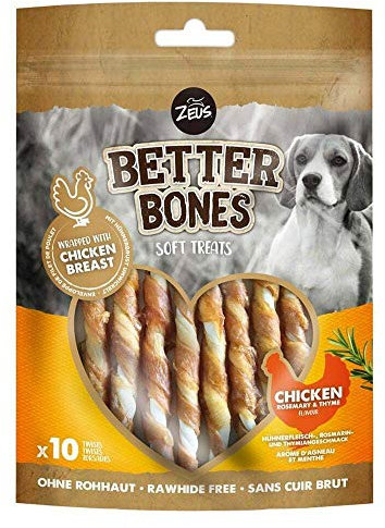Zeus & Zoe BetterBones, gedrehte Kaustangen für Hunde, mit Hühnerfleisch-, Rosmarin- und Thymiangeschmack, 10 Stück, 114 g.