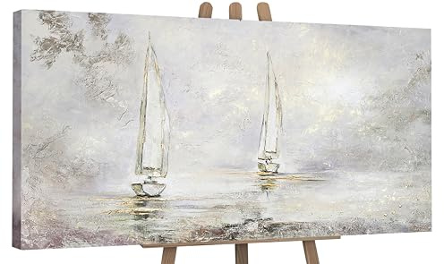 YS-Art Abstrakt Acryl Gemälde auf Leinwand Morgendämmerung handgemalt Wandbilder Wohnzimmer modern Wohndekor Bilder Büro Segelboote Meer echte Kunst 140x70 cm