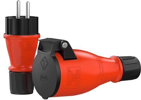 Schutzkontakt Stecker & Kupplung Set Gummi Schuko Stecker / Dose IP54 | Verlängerung | Gummi und Kunststoff | Außenbereich / Outdoor | hermetischer Verschluss Siegel Einhandbedienung (Set, IP54)