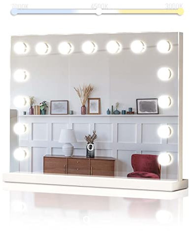 Aquamarin® Hollywood Spiegel - mit Beleuchtung, 3 Lichtfarben, Dimmbar, Touch, 15 LED Leuchten, 58 x 43 cm - Wand Tischspiegel, Kosmetikspiegel, Theaterspiegel, Make-up-Spiegel, Schminktischspiegel