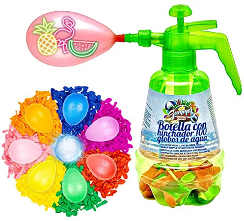 LACOSVI Botella Inyectora Para Llenar Globos De Agua Super Rápido Incluye 200 Globos de Agua en el Hinchador Fabricados en España Biodegradables (Botella + 200 globos)
