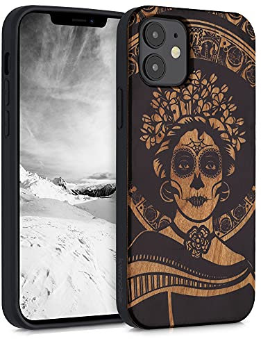 kwmobile Hülle kompatibel mit Apple iPhone 11 Hülle - Holz Case - Handy Cover - TPU Handyhülle in Hellbraun Schwarz La Catrina