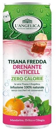 L'Angelica, Tisana a Freddo Drenante Anticellulite, Tisana con Ibisco Bianco, Ciliegio, Meliloto, Ortica e Orthosiphon, utili per Eliminare i Liquidi in Eccesso, Senza Zuccheri, 0 Calorie, 12 Lattine