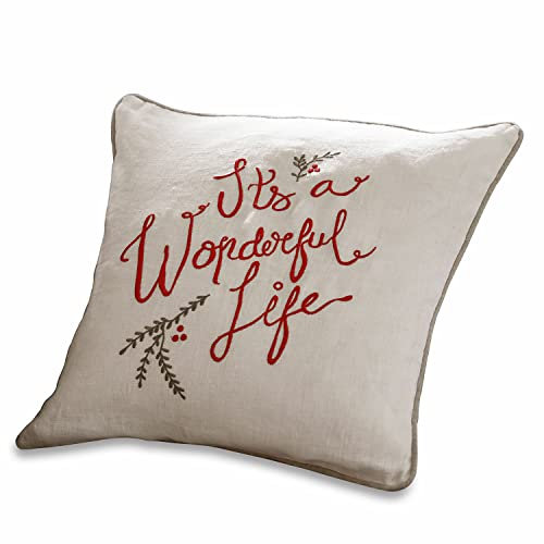 Loberon Kissenhülle Wonderful, Festliche Letter-Stickerei, Wohn-Accessoire, Weihnachtsdekoration, Weihnachten, Leinen, beige/rot