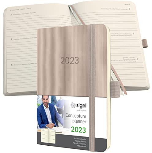 SIGEL C2331 Terminplaner Wochenkalender 2023 - ca. A6 - taupe - Softcover - 176 Seiten - Gummiband, Stiftschlaufe, Archivtasche - PEFC-zertifiziert - Conceptum