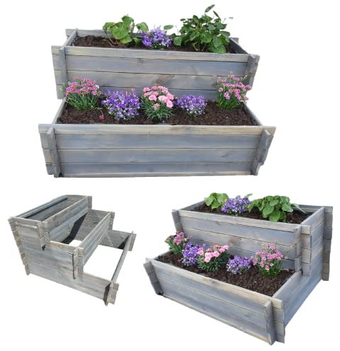 BaustoffhandelShop Blumentreppe Kräuterbeet Blumenkasten Kräutertreppe Hochbeet L115cm x B 115cm x H 90cm grau lasiert