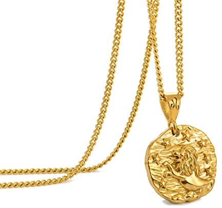 Speroto Herrenkette, Sternzeichen Kette, Löwe, Gold, Edelstahl, Fashion Jewelry, Klassisch, Unisex, 12 Sternzeichen, Figaro Kette, 55 cm