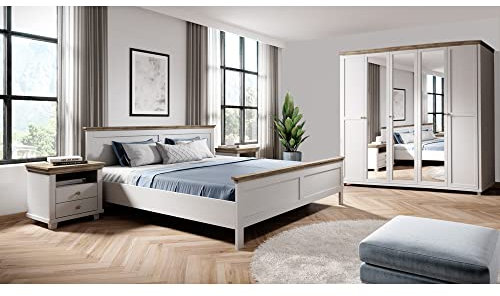 Lomadox Schlafzimmer Set Landhaus Stil Doppelbett Bettgestell Liegefläche 180 x 200 cm Kleiderschrank Spiegeltüren Nachtschrank Nachttisch weiß Esche Eiche