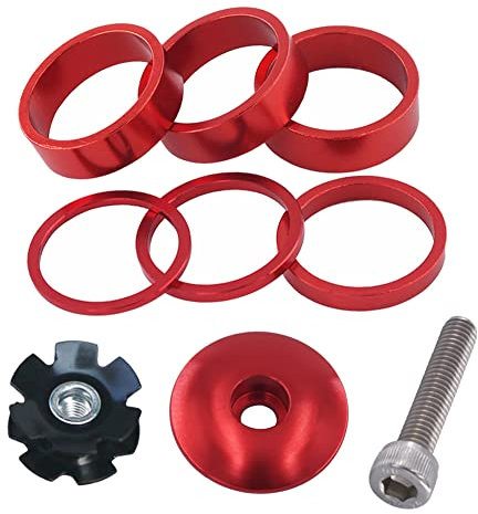 Saipe 9PCS Bicycle Headset Spacer Kit with Stem Top Cap, Long Bolt, Headset Star Nut 1-1/8 inch 28.6mm Aluminium Alloy Bicycle Front Fork Stem Spacers 2mm, 3mm, 5mm, 10mm for MTB BMX Road Bike (Red)