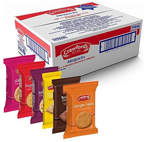 Crawford's Assprted Biscuit Mini Packs / 2 Cases / 100 Mini Packs per Case / 6 Biscuit Varieties Including Bourbons, Custard Creams, Digestives, Fruit Shorties, Ginger Nuts, Rich Shorties