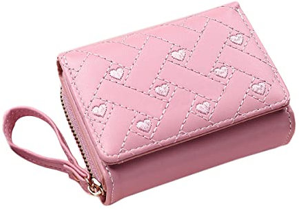 Kleine Geldbörse für Damen Gesticktem Herz Portemonnaie Dreifach Kartenhalter Mädchen Brieftasche Rosa