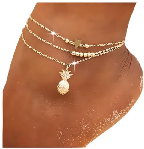 Dervivea Boho Geschichteten Stern Fußkettchen Armband Cz Ananas Fußkettchen Kette Gold Perlen Knöchel Armbänder Strand Stern Fuß Kette Schmuck Für Frauen Und Mädchen